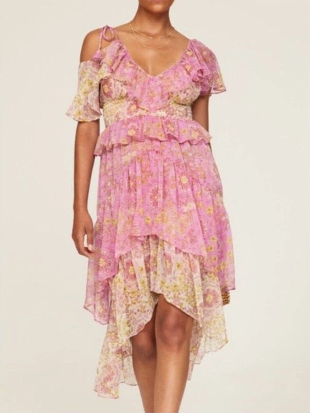 MISA Los Angeles Liv Cold Shoulder Floral Midi Dress Medium Pink Yellow Ruffle